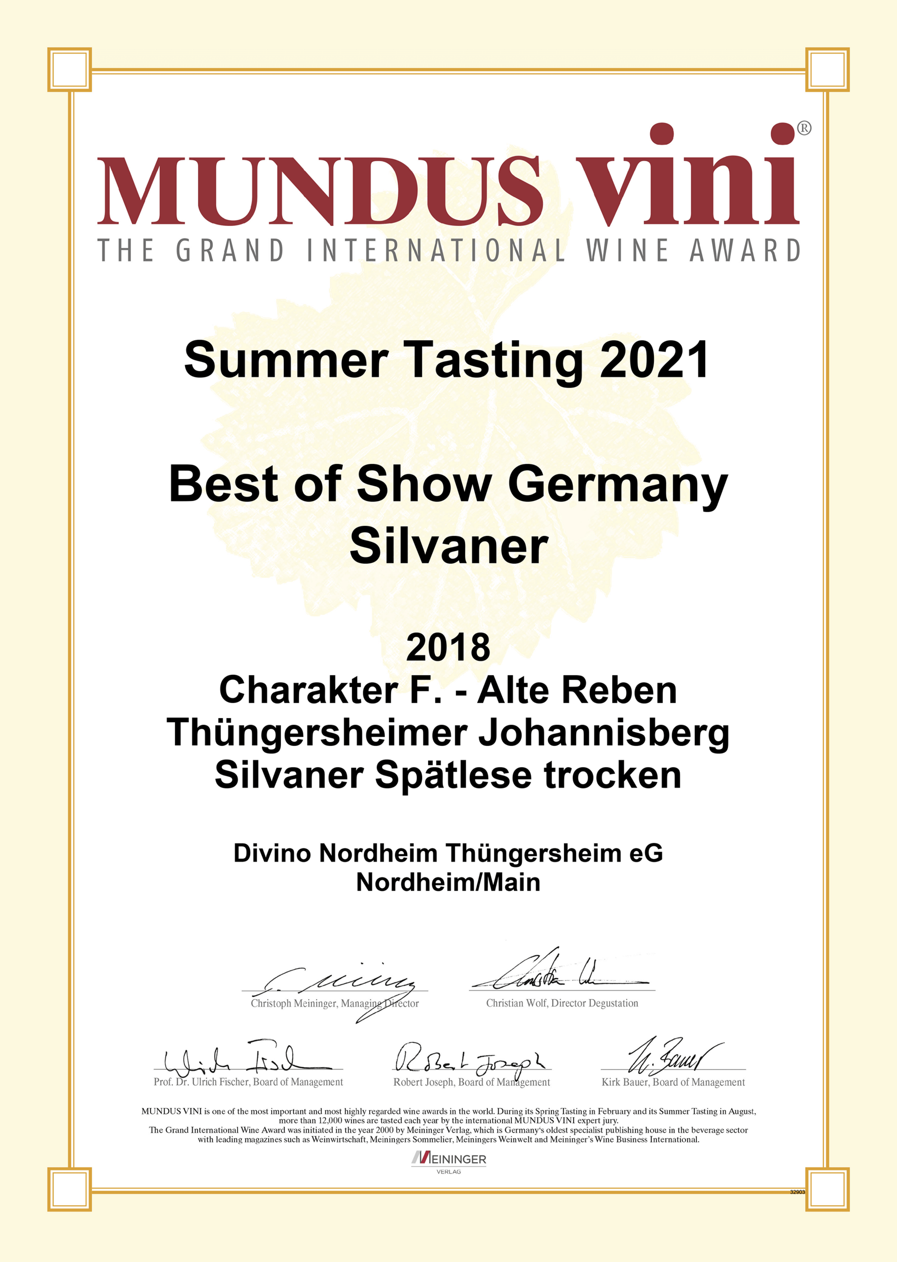 Auszeichnung Best of Show Germany Silvaner beim Mundus Vini Summer Tasting 2021 für Divino.